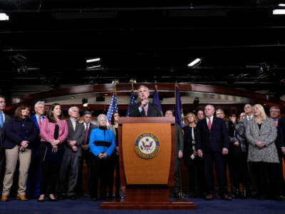 House Minority Leader Kevin McCarthy speaks at a news conference with fellow House Republicans at the U.S. Capitol on January 20, 2022, in Washington, D.C.