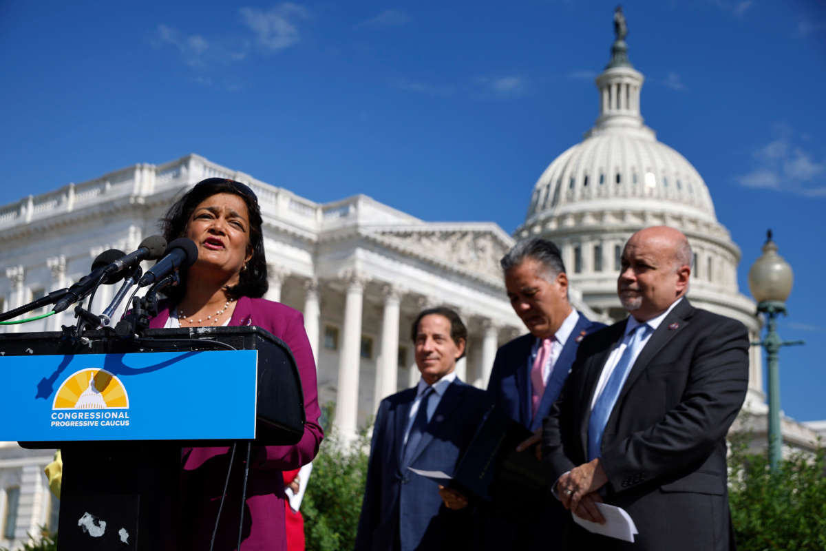 Rep. Pramila Jayapal and fellow members of the House Progressive Caucus hold a news conference ahead of the vote on the Inflation Reduction Act of 2022 outside the U.S. Capitol on August 12, 2022, in Washington, D.C.