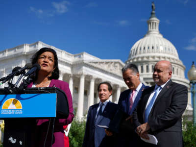 Rep. Pramila Jayapal and fellow members of the House Progressive Caucus hold a news conference ahead of the vote on the Inflation Reduction Act of 2022 outside the U.S. Capitol on August 12, 2022, in Washington, D.C.