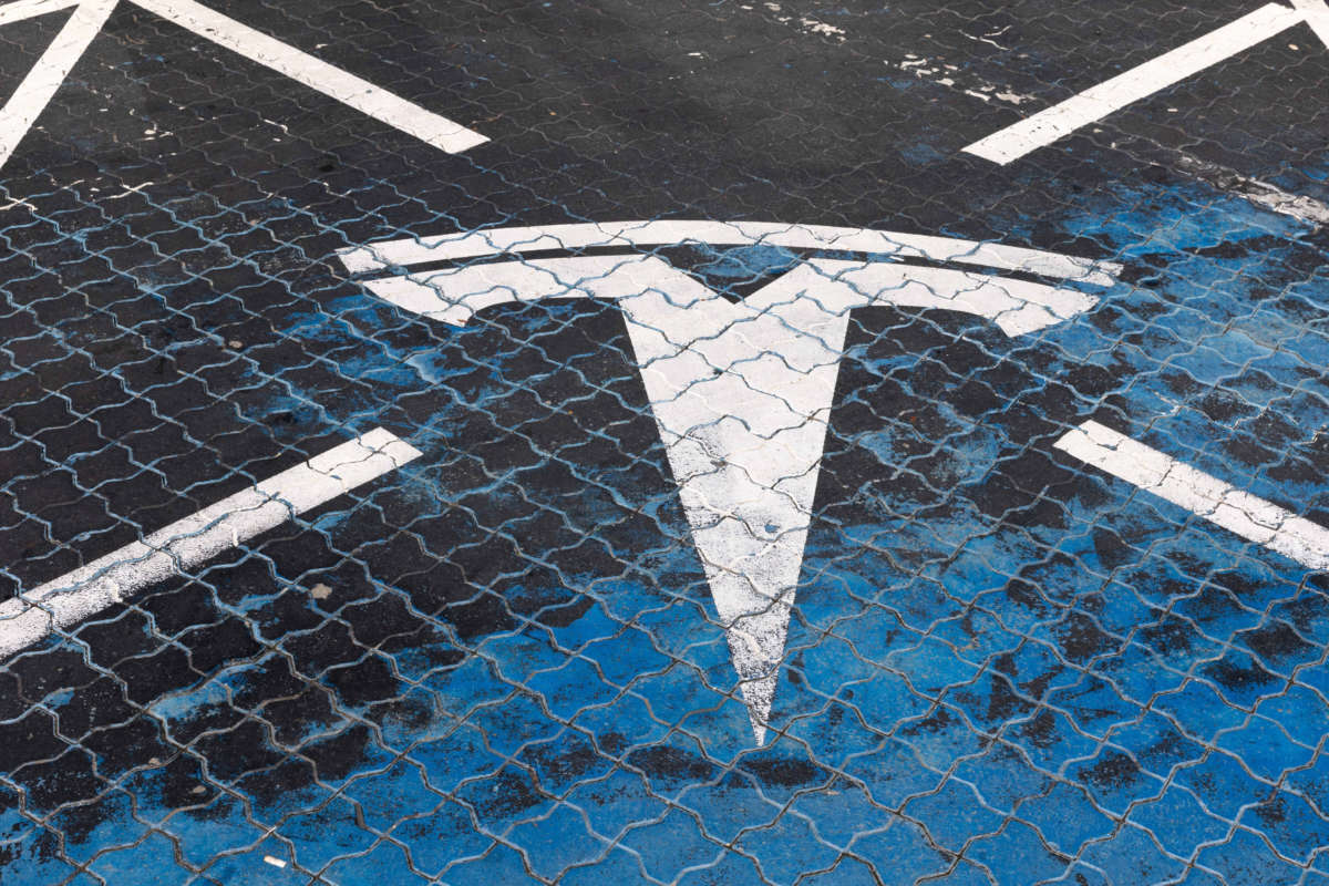 The Tesla logo is seen at a Tesla charging station seen in Bratislava, Slovakia, on August 26, 2022.