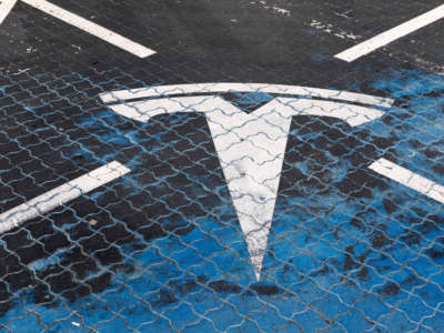 The Tesla logo is seen at a Tesla charging station seen in Bratislava, Slovakia, on August 26, 2022.