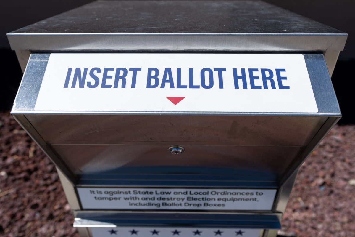 A Coconino County ballot drop box stands next to City Hall in Williams, Arizona, on the first day of early voting for the primary election on July 6, 2022.