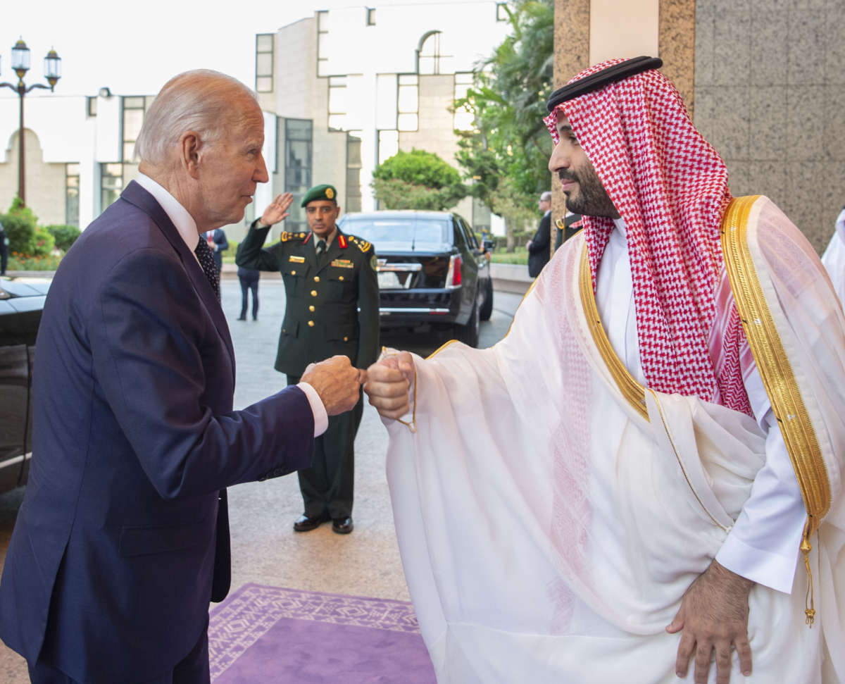 President Joe Biden fist pumps Saudi Arabian Crown Prince Mohammed bin Salman