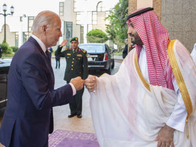 President Joe Biden fist pumps Saudi Arabian Crown Prince Mohammed bin Salman