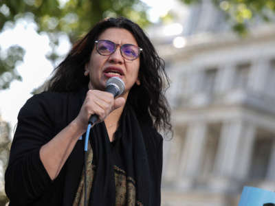 Rep. Rashida Tlaib speaks at a rally near the White House