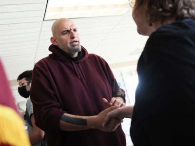 Pennsylvania Lt. Gov. John Fetterman campaigns for U.S. Senate on May 10, 2022, in Lemont Furnace, Pennsylvania. Fetterman has raised nearly $26 million.