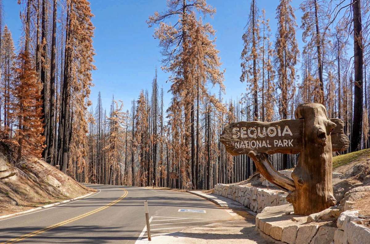 The Sequoia National Park entry monument after the 2021 fire season.