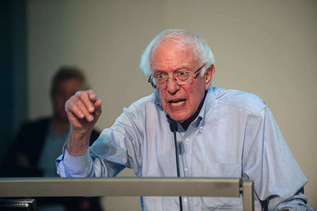 U.S. Sen. Bernie Sanders addresses a rally of striking British workers at Trade Union Congress headquarters on August 31, 2022 in London, England.