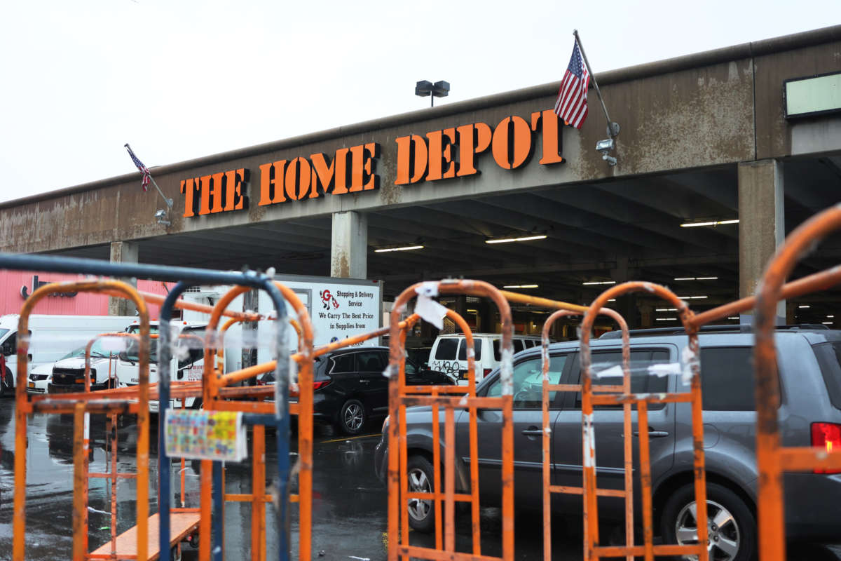 A Home Depot store sign is seen on February 22, 2022 in New York City.