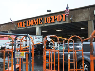 A Home Depot store sign is seen on February 22, 2022 in New York City.