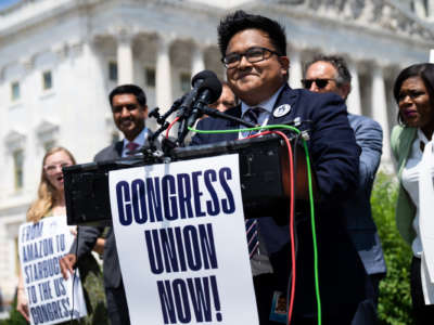 Philip Bennett, president of the Congressional Workers Union, speaks during a news conference about the union outside the U.S. Capitol on Tuesday, July 19, 2022.