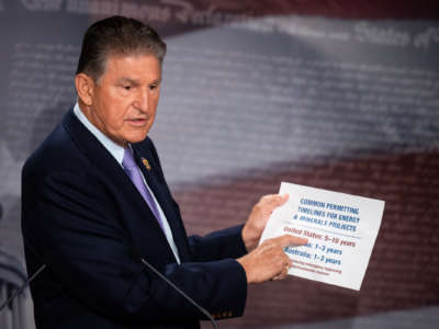 Sen. Joe Manchin (D-West Virginia) holds a news conference on energy permitting reform in the Capitol in Washington on Tuesday, Sept. 20, 2022.