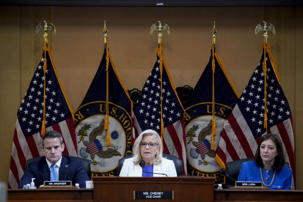 Representative Liz Cheney, a Republican from Wyoming, center, speaks during a hearing of the Select Committee to Investigate the January 6th Attack on the US Capitol on July 21, 2022 in Washington, DC.