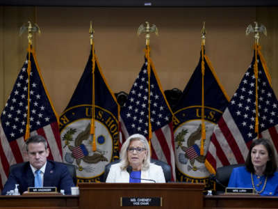 Representative Liz Cheney, a Republican from Wyoming, center, speaks during a hearing of the Select Committee to Investigate the January 6th Attack on the US Capitol on July 21, 2022 in Washington, DC.