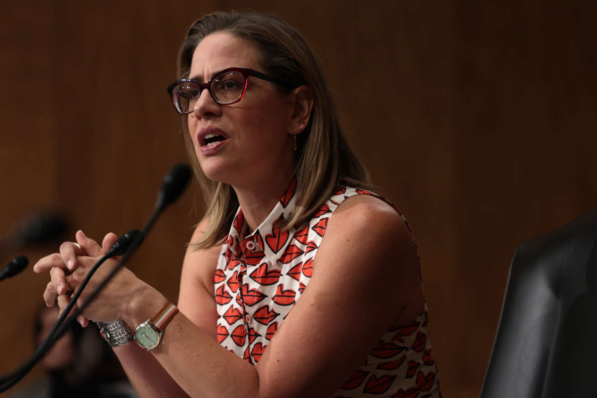 Sen. Kyrsten Sinema (D-Arizona) speaks during a hearing before Senate Homeland Security and Governmental Affairs Committee September 14, 2022 in Washington, D.C.