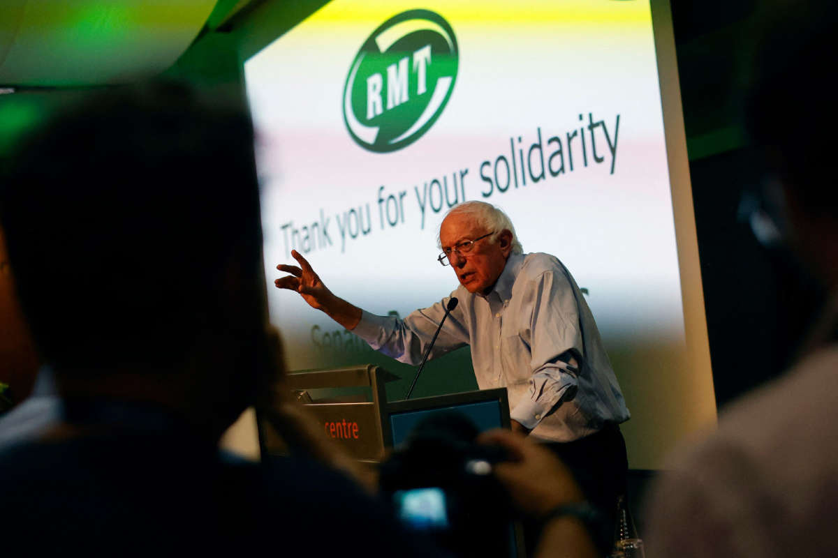 Sen. Bernie Sanders speaks during a Rail, Maritime and Transport Workers union rally in support of London transport workers, at the Trades Union Congress headquarters in London, on August 31, 2022.