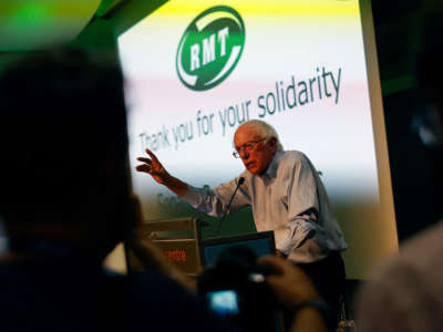 Sen. Bernie Sanders speaks during a Rail, Maritime and Transport Workers union rally in support of London transport workers, at the Trades Union Congress headquarters in London, on August 31, 2022.