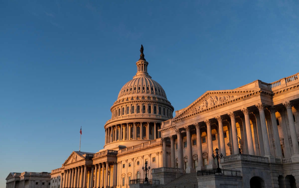 The U.S. Capitol dome is lit by the morning sun on March 14, 2022.