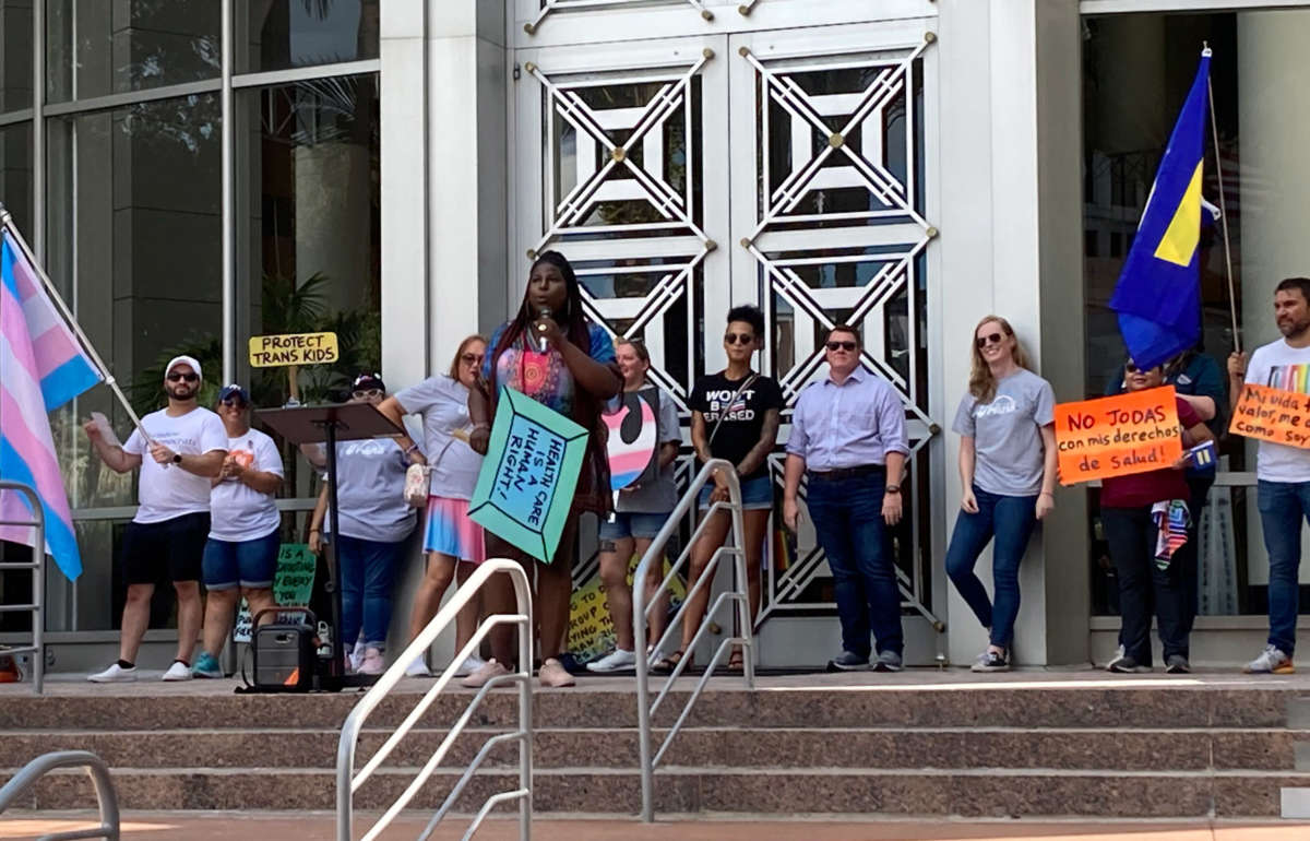 Shea Cutliff of RISE Coalition speaks during a rally against a proposed ban against gender-affirming care for transgender children and teens on July 31, 2022, at Orlando City Hall in Florida.