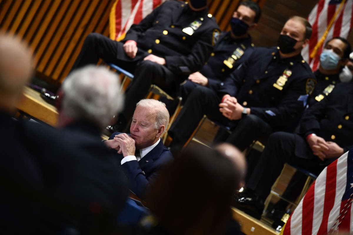 President Joe Biden participates in a Gun Violence Strategies Partnership meeting at the NYPD Headquarters in New York City, on February 3, 2022.