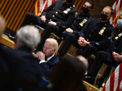 President Joe Biden participates in a Gun Violence Strategies Partnership meeting at the NYPD Headquarters in New York City, on February 3, 2022.