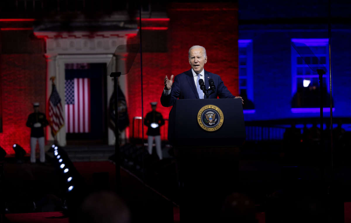 President Joe Biden gives a speech on protecting American democracy in front of Independence Hall in Philadelphia, Pennsylvania, on September 1, 2022.