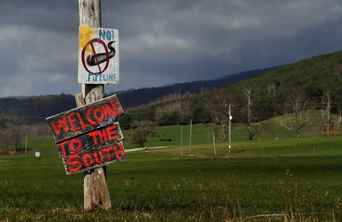 Hand painted signs are posted along the roads near Bent Mountain, Virginia, to protest against the Mountain Valley Pipeline project.