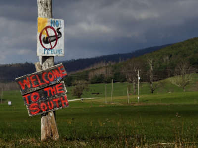 Hand painted signs are posted along the roads near Bent Mountain, Virginia, to protest against the Mountain Valley Pipeline project.