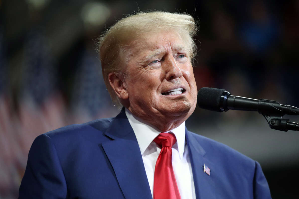 Former President Donald Trump speaks to supporters at a rally to support local candidates at the Mohegan Sun Arena on September 3, 2022, in Wilkes-Barre, Pennsylvania.