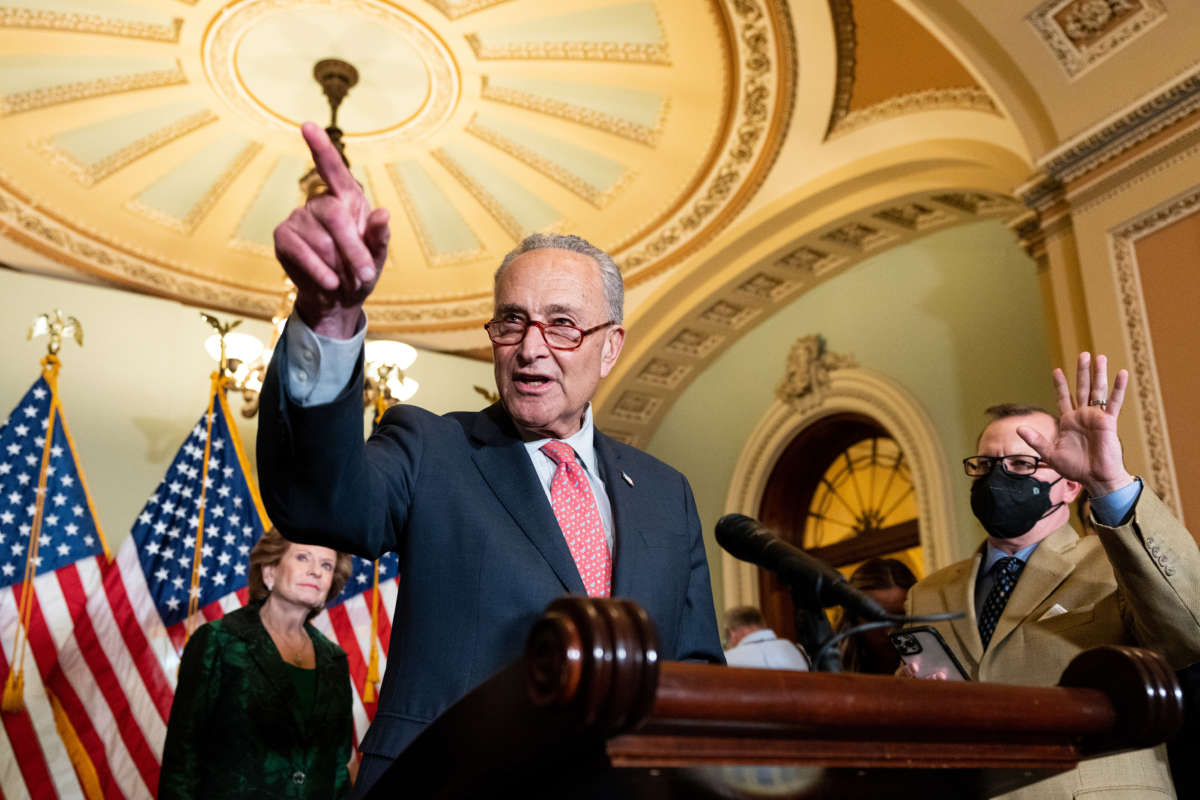 Senate Majority Leader Chuck Schumer speaks during the Senate Democrats press conference in the Capitol in Washington on June 7, 2022.