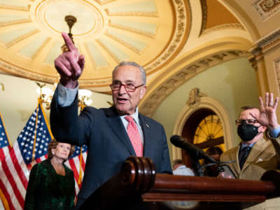 Senate Majority Leader Chuck Schumer speaks during the Senate Democrats press conference in the Capitol in Washington on June 7, 2022.