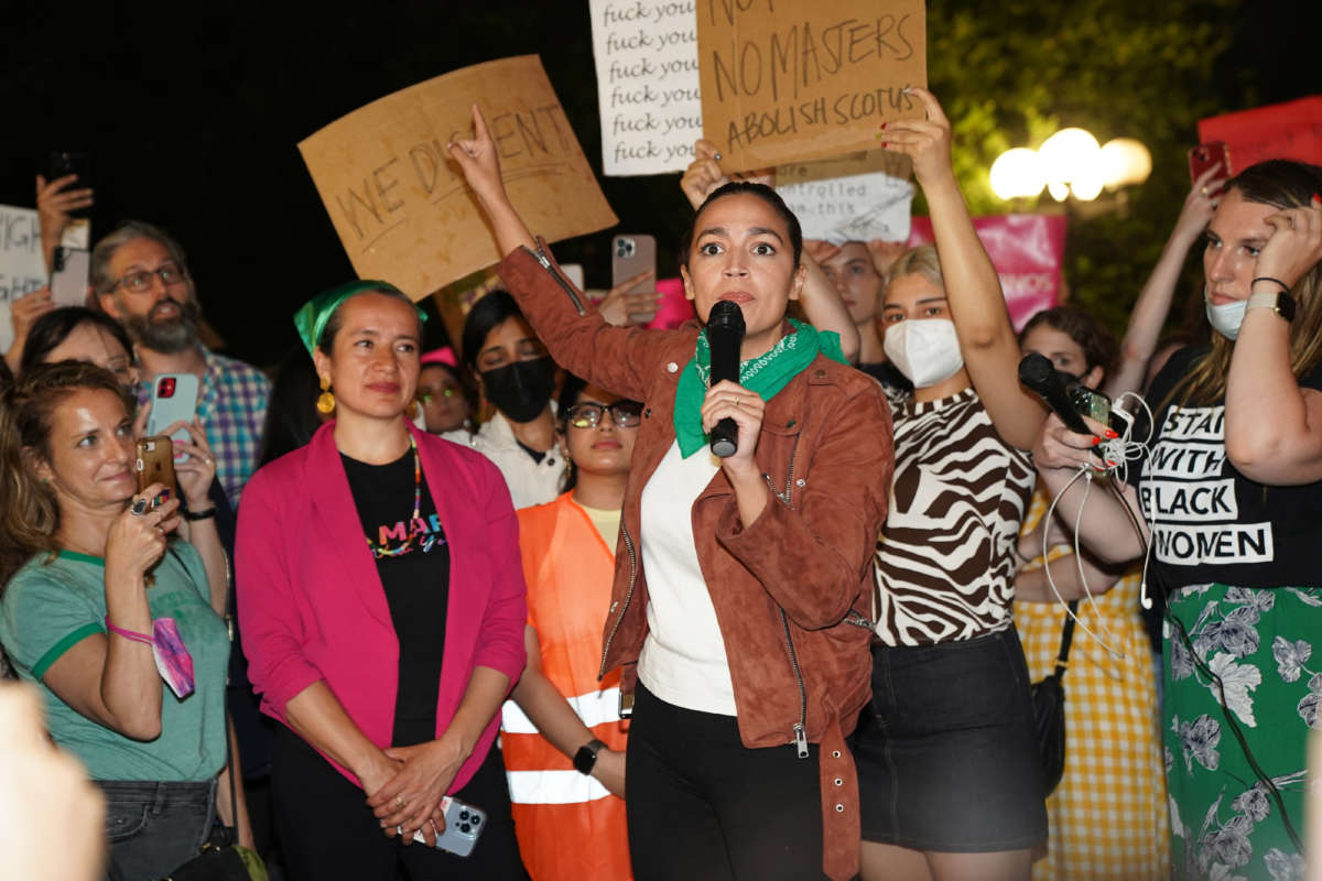 Rep. Alexandria Ocasio-Cortez speaks to pro-choice activists in Union Square on June 24, 2022, in Manhattan, New York.