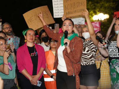 Rep. Alexandria Ocasio-Cortez speaks to pro-choice activists in Union Square on June 24, 2022, in Manhattan, New York.