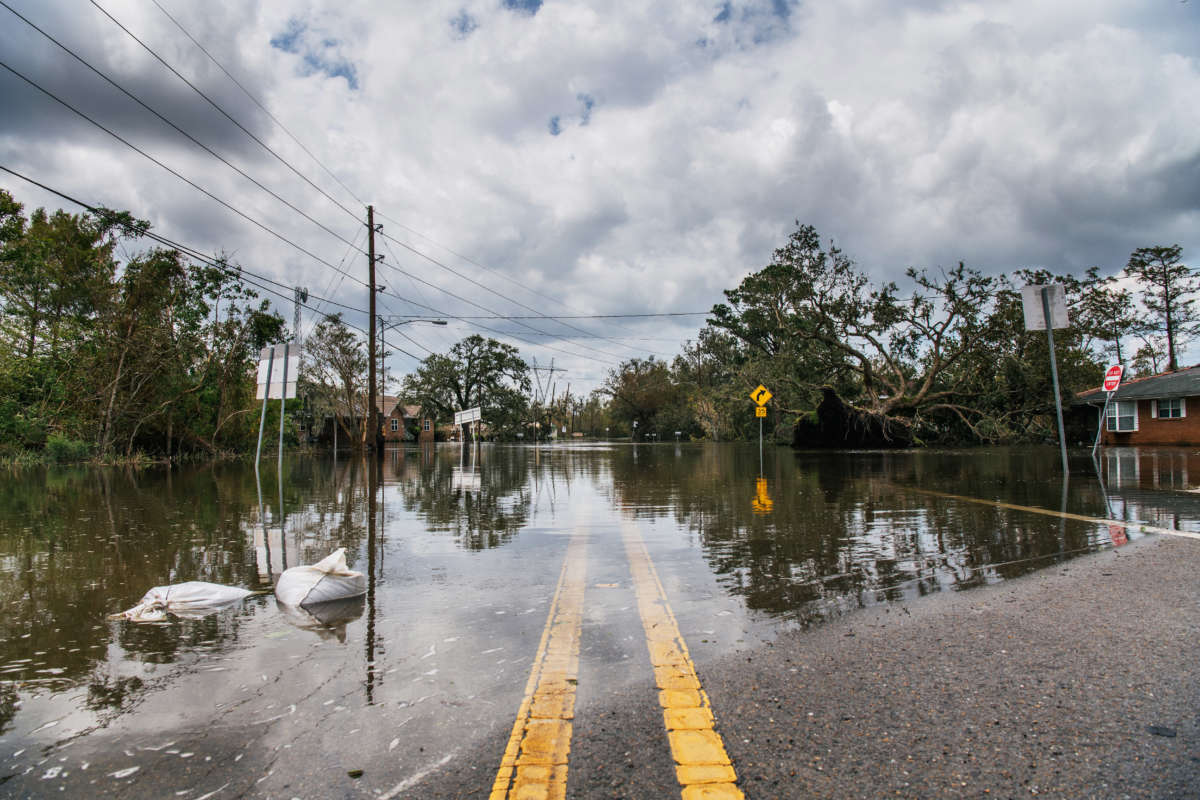 A street remains flooded on August 31, 2021, in Barataria, Louisiana, following Hurricane Ida making landfall.