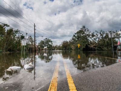 A street remains flooded on August 31, 2021, in Barataria, Louisiana, following Hurricane Ida making landfall.