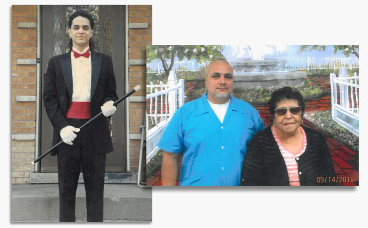 On left, Robert Ornelas is seen dressed for prom, circa 1988. On the right, Robert and his mother, Mary Ornelas (deceased), are pictured at the Stateville prison on September 14, 2018.