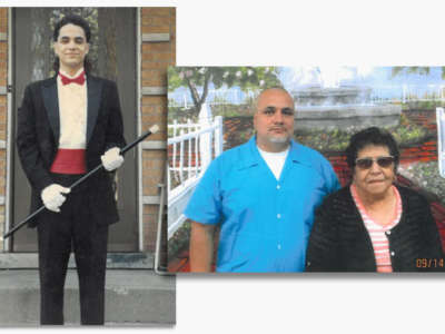 On left, Robert Ornelas is seen dressed for prom, circa 1988. On the right, Robert and his mother, Mary Ornelas (deceased), are pictured at the Stateville prison on September 14, 2018.