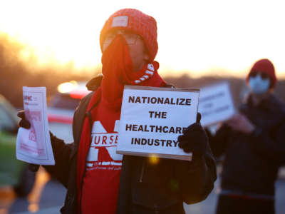 A backlit protester holds a sign reading "NATIONALIZE THE HEALTHCARE INDUSTRY" during an outdoor protest