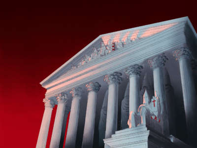 An illustration of the exterior of the United States Supreme Court Building, modified so that the human figures represented in its frieze, as well as some of the pillars, replaced with robed Klu Klux Klan members.