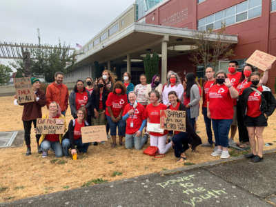 The bargaining team for the Seattle Education Association is pictured at the John Stanford Center for Educational Excellence on August 2022.