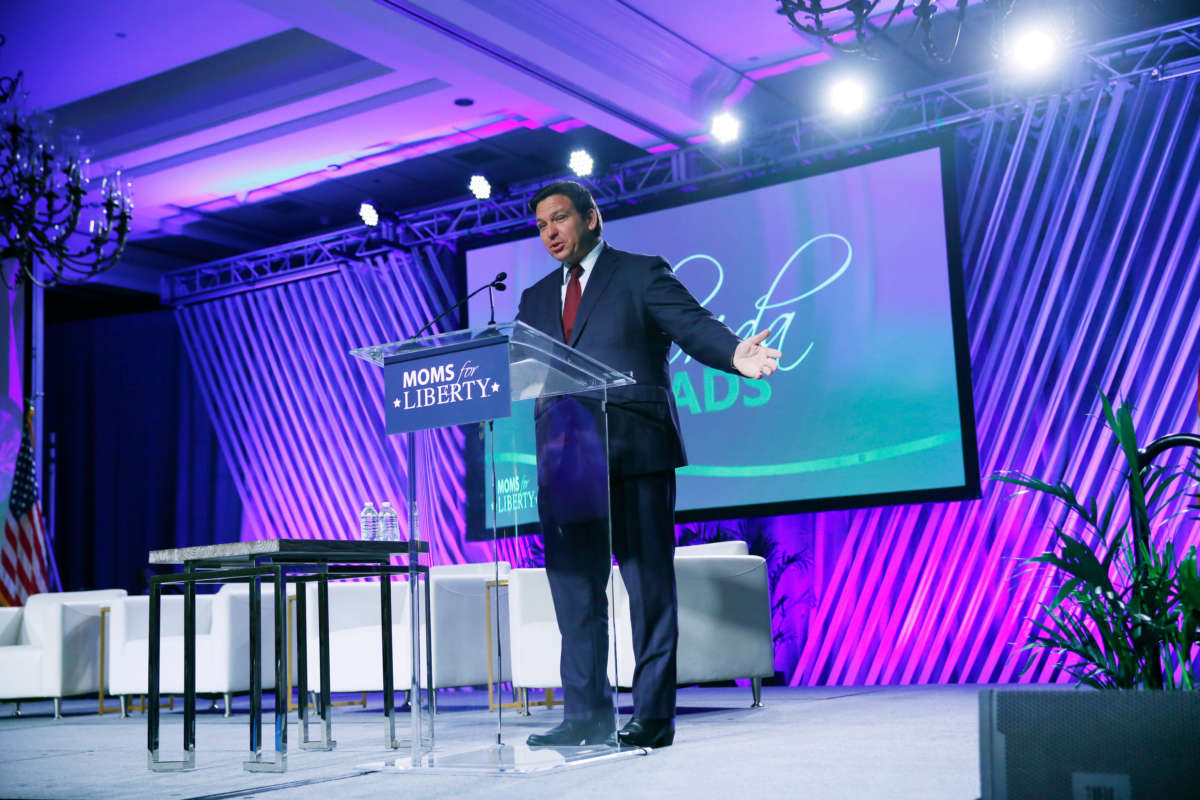 Florida Gov. Ron DeSantis speaks during the inaugural Moms for Liberty Summit at the Tampa Marriott Water Street on July 15, 2022, in Tampa, Florida.