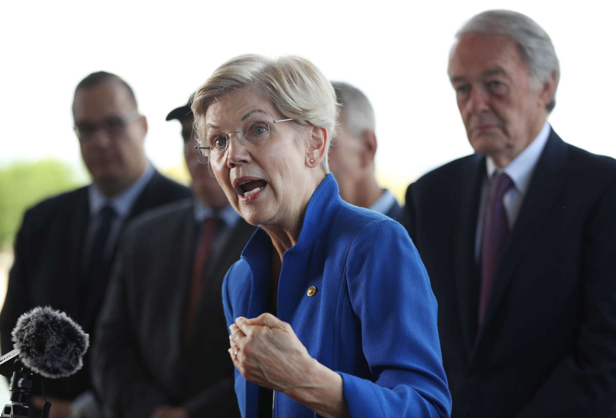 Sen. Elizabeth Warren speaks as she joins Sen. Ed Markey and others during a press conference on June 28, 2022, in Boston, Massachusetts.