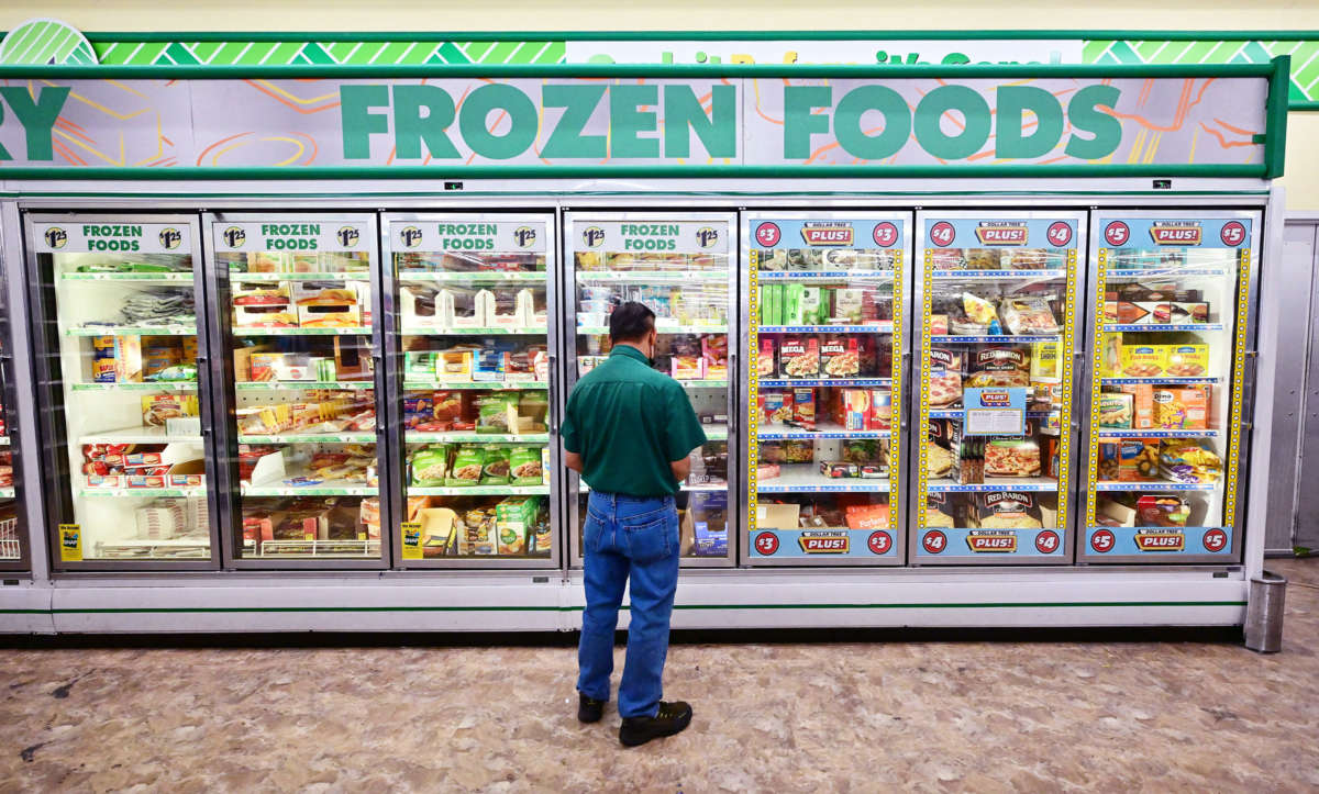 A man stands in front of a refrigerated section of a store, a sign reading "FROZEN GOODS" hanging above them