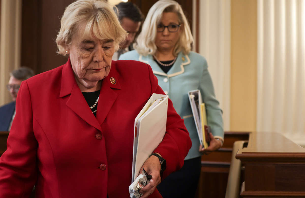 Reps. Zoe Lofgren and Liz Cheney leave following a hearing on the January 6th investigation in the Cannon House Office Building on June 13, 2022, in Washington, D.C.