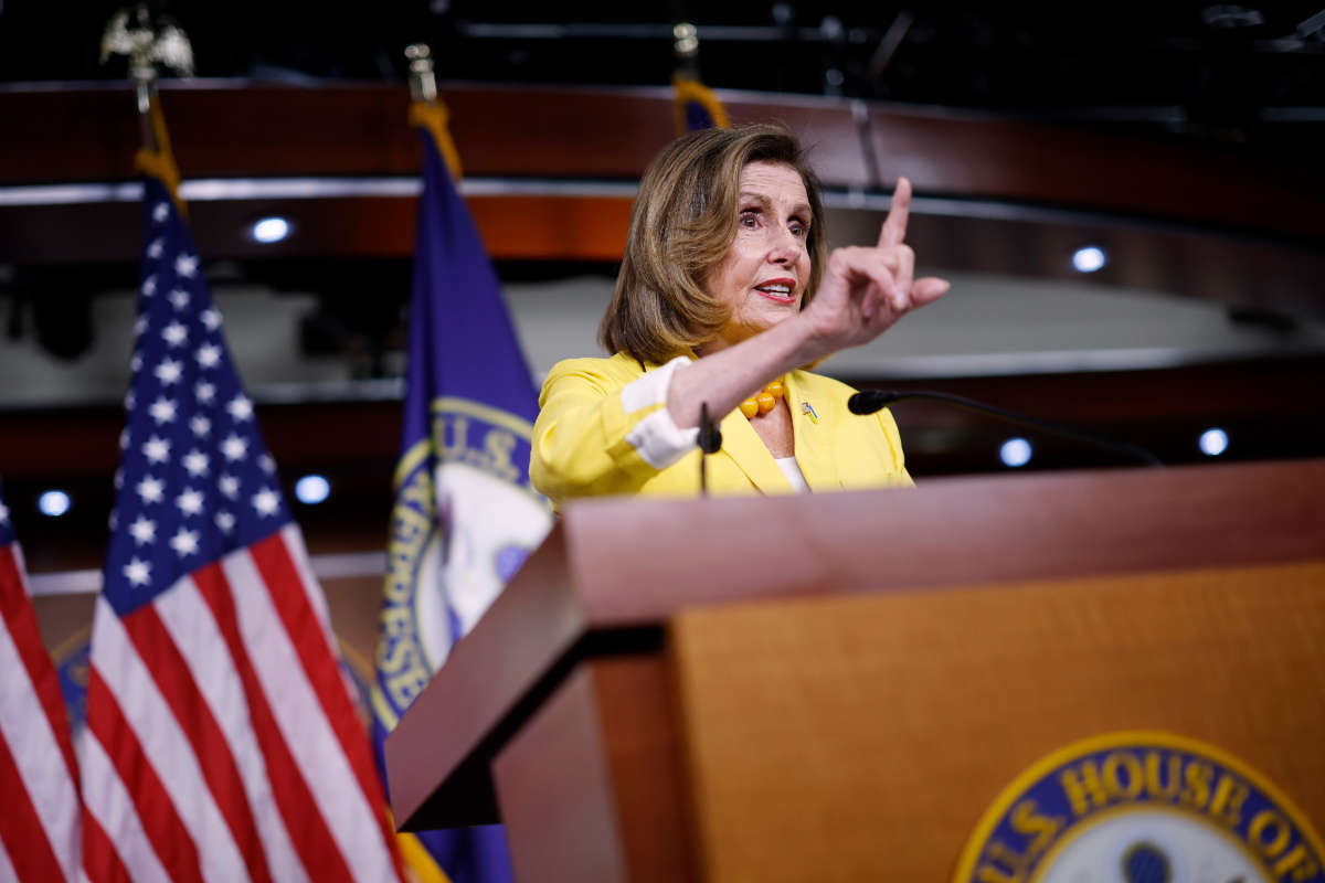 Speaker of the House Nancy Pelosi talks to reporters during her weekly news conference at the U.S. Capitol on August 12, 2022, in Washington, D.C.