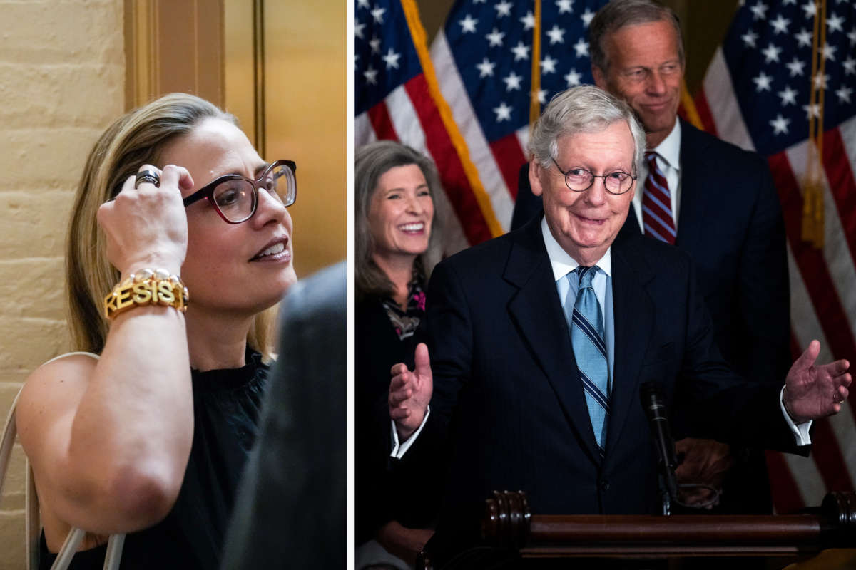 Sen. Kyrsten Sinema is pictured alongside Sen. Mitch McConnell