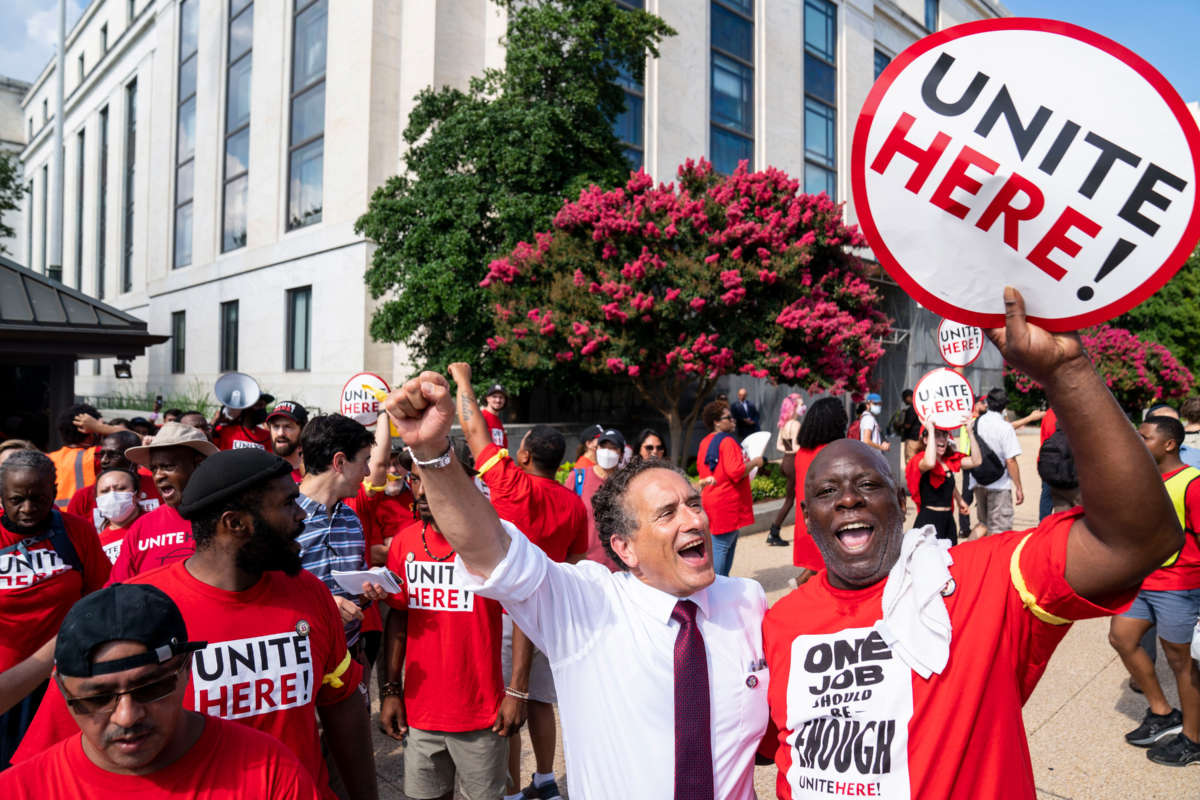 Rep. Andy Levin joined UNITE union members as they protest outside the Senate office buildings in support of Senate cafeteria workers employed by Restaurant Associates on Capitol Hill on July 20, 2022, in Washington, D.C.