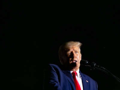 Former President Donald Trump speaks at a rally at the Aero Center Wilmington on September 23, 2022, in Wilmington, North Carolina.