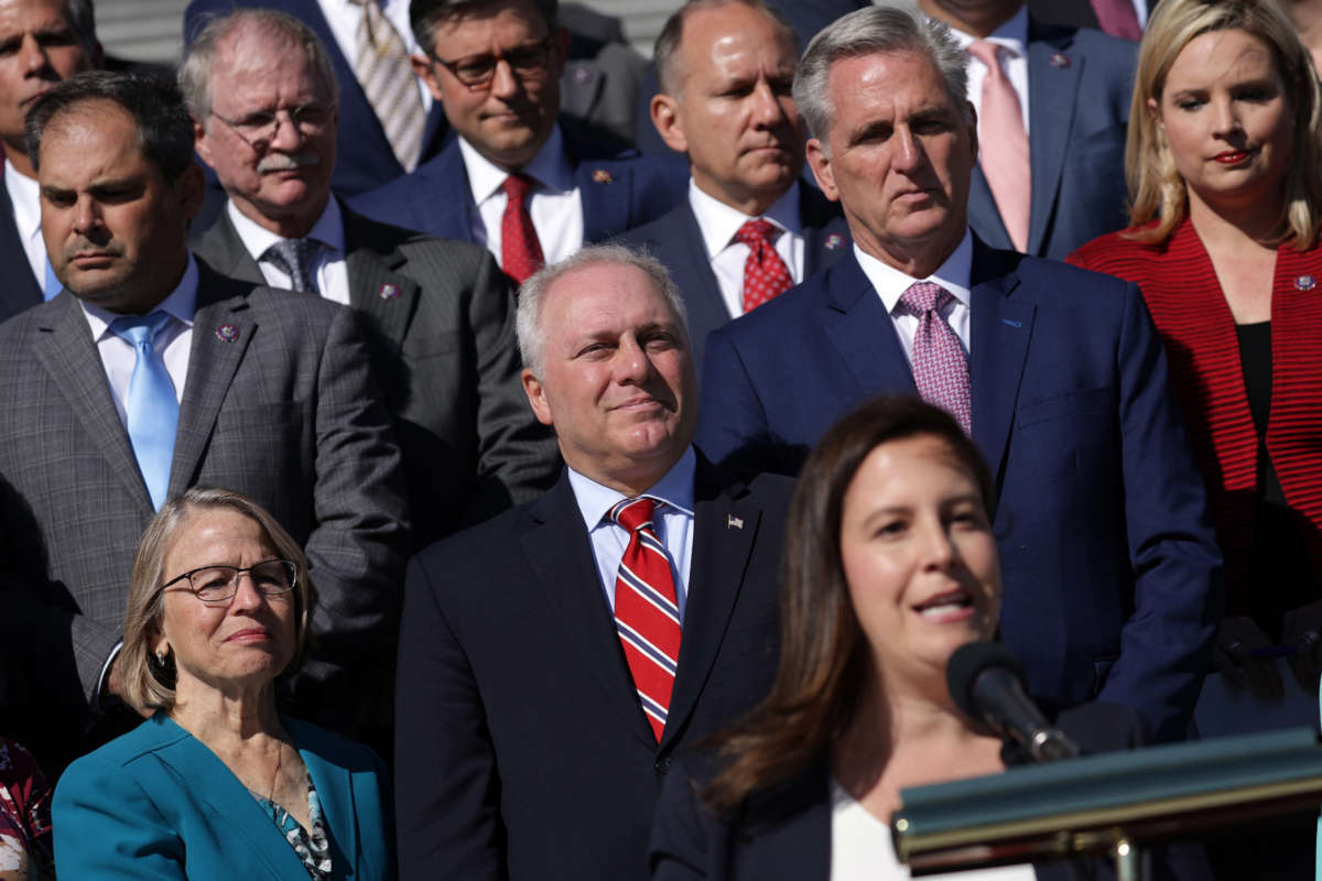 House Republican Conference Chair Rep. Elise Stefanik speaks as other House Republicans listen during a news conference at the East Steps of the U.S. Capitol on September 29, 2022, in Washington, D.C.