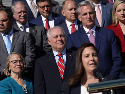House Republican Conference Chair Rep. Elise Stefanik speaks as other House Republicans listen during a news conference at the East Steps of the U.S. Capitol on September 29, 2022, in Washington, D.C.